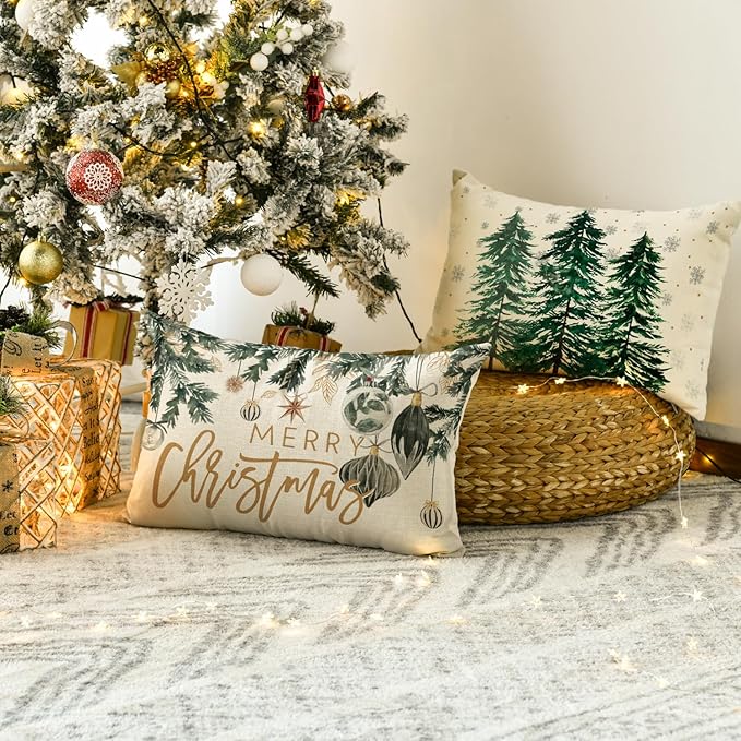 AVOIN colorlife Merry Christmas Trees Snowflake Throw Pillow Covers, 12 x 20 Inch Joy Xmas Balls Winter Holiday Cushion Case Decoration for Sofa Couch Set of 4