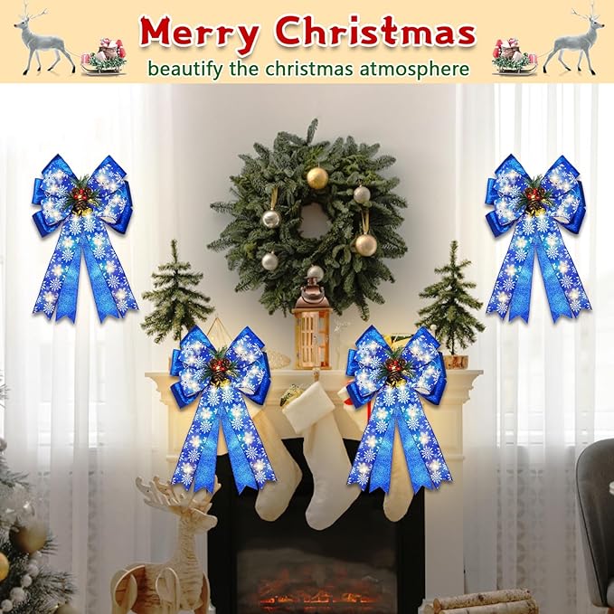 2 Pcs Pre-Light Christmas Decorative Bows for Wreath, 20 X 12” Large Christmas Tree Topper Bow with Bells, Berry, Pine Cones, 40 LED Silver Snowflake Ornament Bow for Indoor/Outdoor- Blue