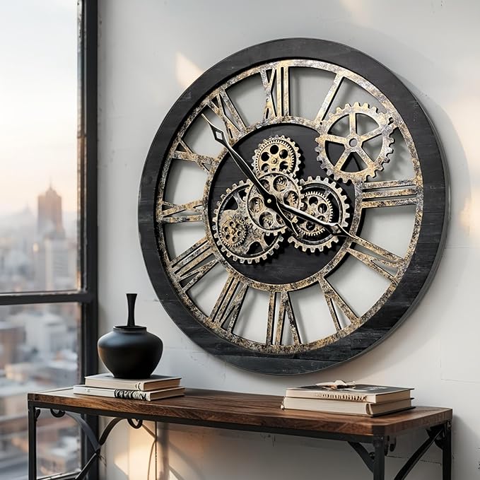 ImprovingLife The Gears Clock The Original Real Moving Gear Wall Clock Vintage Industrial Oversized Rustic Farmhouse (24 inch (60cm), Vintage Black Wood and Bronze)