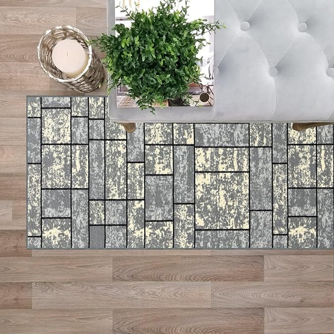Custom Size Grey Ivory Stone Boxes Rubber Backed Non-Slip Hallway Stair Runner Rug Carpet 22 inch Wide Choose Your Length 22in X 8ft