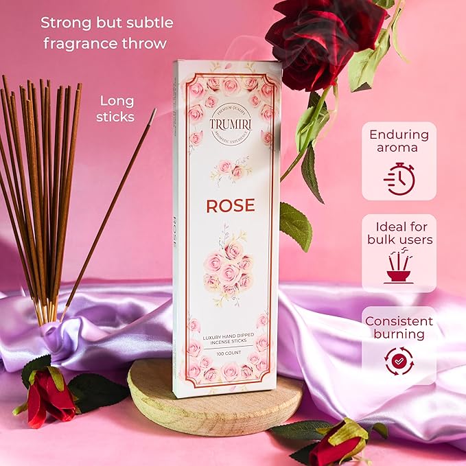 Rose Incense Sticks - Pack of 100 Insence-Sticks - Inciensos Aromaticos Made with Natural Rose Essential Oil - Scented Inscents Non Toxic Insense