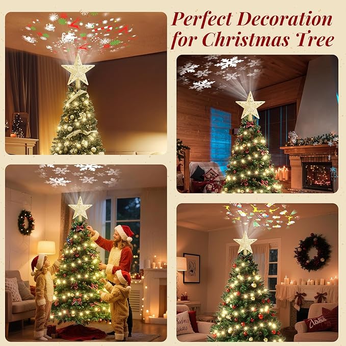 Christmas Tree Topper Lighted with 10M Warm String Lights, Keten Gold Star Tree Toppers Decoration with 3D Rotating Pattern Projector, Tree Top for Indoor Outdoor Xmas Party Holiday(Gold)