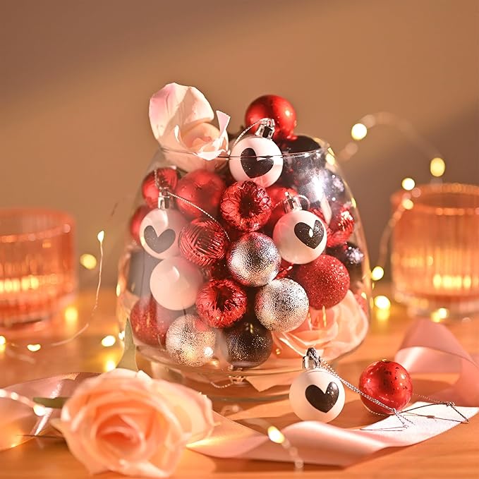 DecorbyHannah Mini Valentines Day Christmas Tree Ornaments Decorations, 49ct 1.18Inch Small Red Black Heart Ornaments for Tree, Shatterproof Hanging Valentine's Day Decor for Wedding Anniversary Party
