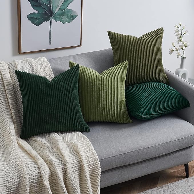 Topfinel Couch Throw Pillows Covers 18x18 Inch Set of 4,Olive Emerald Green Corduroy Decorative Cushion Case,Rustic Fun Living Room Decor fundas para cojines