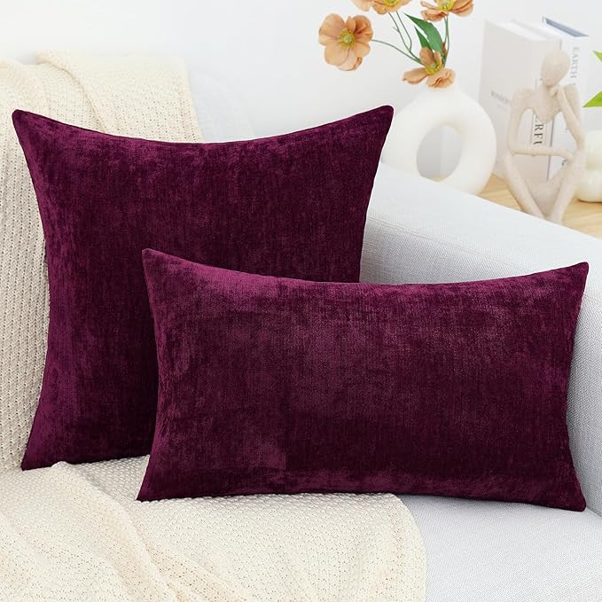 decorUhome Chenille Burgundy Christmas Throw Pillow Covers 26x26 Inch Set of 2, Decorative Soft Couch Pillow Covers Solid Dyed Accent Farmhouse Neutral Square Pillow Cases for Sofa