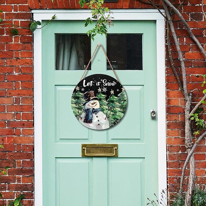 Winter Snowman Sign for Front Door Decor Christmas Snowman Wood Door Hanger for Outdoor Outside Porch Welcome Pine Trees Snowflake Wooden Wreath Winter Xmas Wall Hanging Decoration for Home 12"x12"