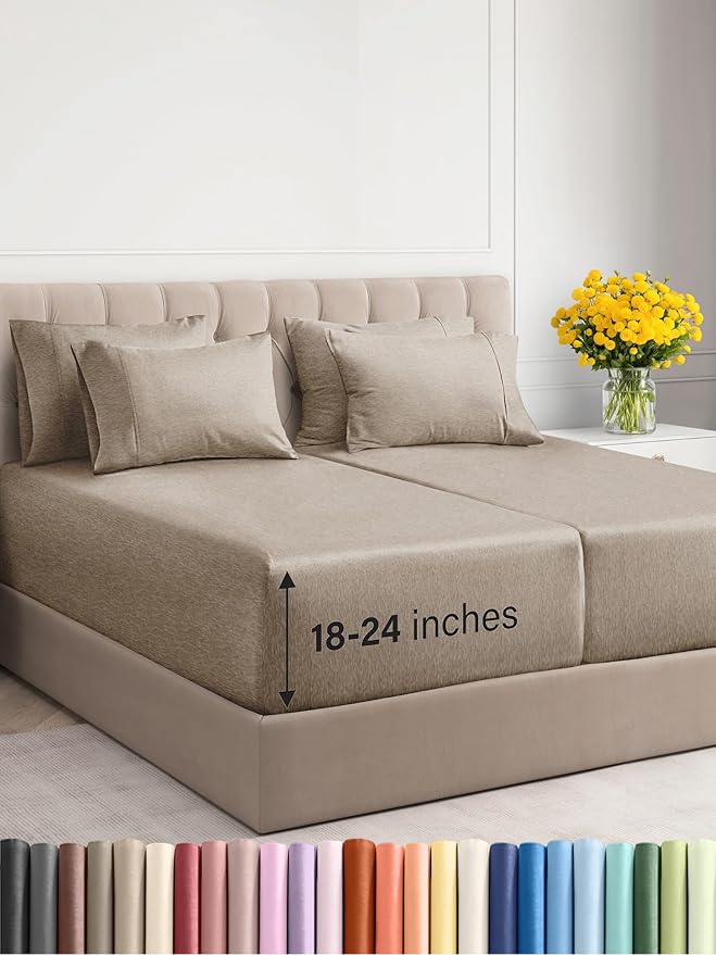 Extra Deep Split King Sheet Set - 7 Piece Breathable & Cooling Sheets - Hotel Luxury Bed Sheets Set - Easy Fit - Soft, Wrinkle Free & Comfy Sheets Set - Heathered Beige Sheet Set w/Extra Deep Pockets