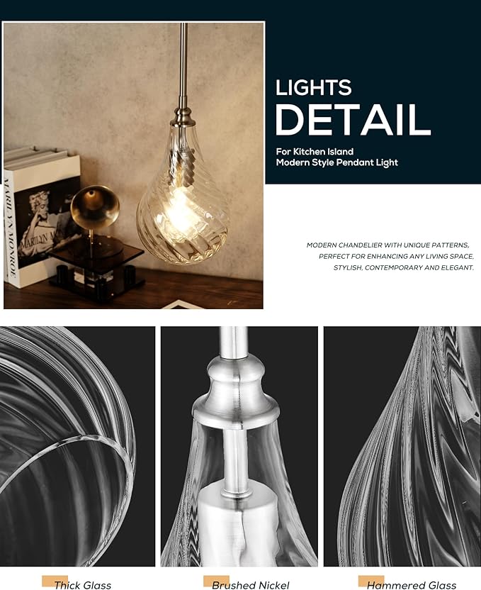 TENGXIN 2 Pack Pendant Lights Kitchen Island,Brushed Nickel Finished Striped Glass Hanging Pendant Light,Farmhouse Pendant Light for Dining Room,Bedroom,6 Inch