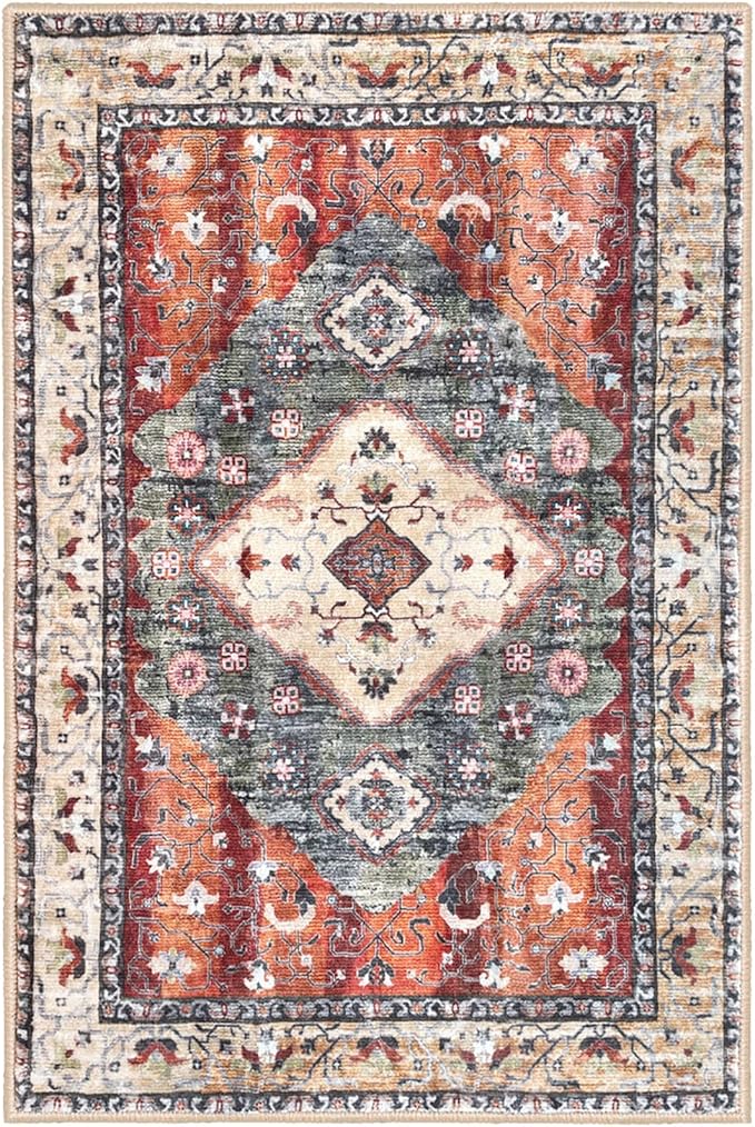 KOZYFLY Boho Area Rug 5x7 Ft Thin Rugs for Living Room Washable Bedroom Rug Non Slip Rugs for Living Room Rust/Orange/Blue Printed Faux Wool Vintage Bedroom Rug Floor Carpet for Dining Room