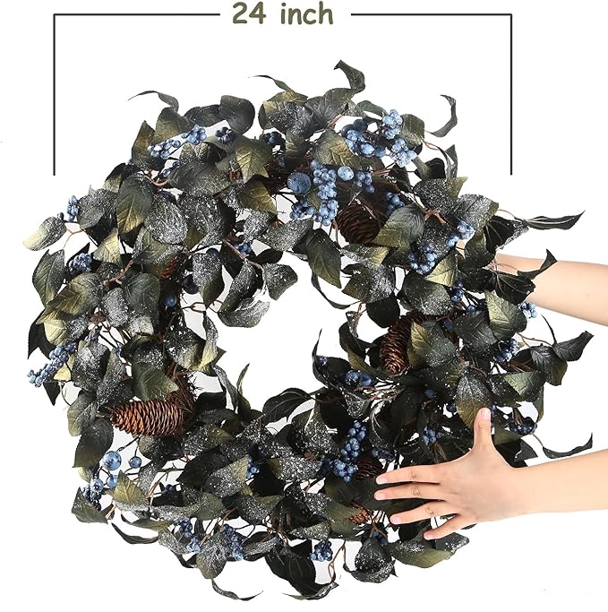 24 Inch Snow Flocked Metallic Look Winter Wreath with Blue Berry & Pinecone- Artificial Christmas Wreaths for Front Door Porch Wall Window Porch Fireplace Outdoor Décor