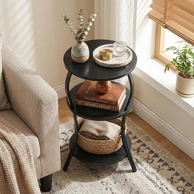 Vintage Small Round Side Table, 3-Tier Slim Waist Circular End Table with Storage Shelf, Compact Tea Sofa Side Table, Round Corner Coffee Table Nightstand for Living Room Bedroom Small Spaces,Black