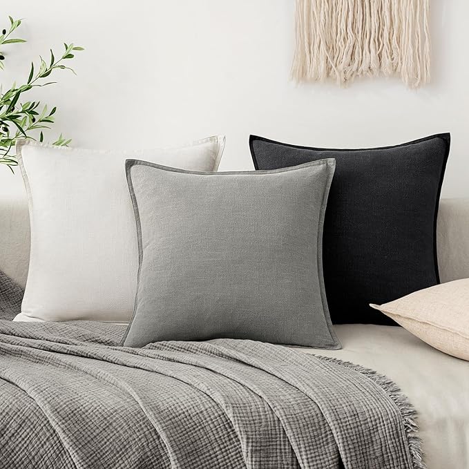 EMEMA Decorative Linen Throw Pillow Covers 18x18 Inch Black Boho Farmhouse Neutral Couch Throw Pillows for Bed Pack of 2 Accent Pillowcase Modern Sofa Cushion Livingroom Home