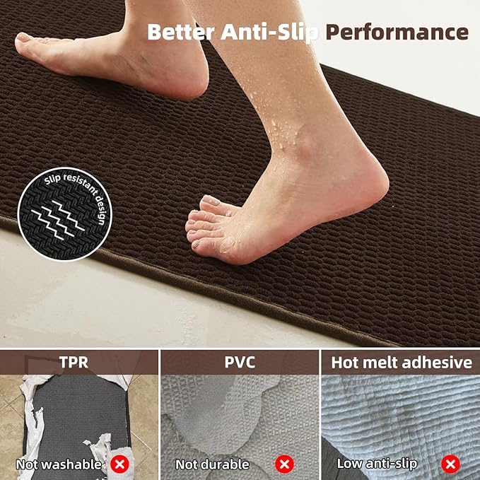 Bathroom Rugs Non Slip Washable, Super Absorbent Thin Bath Mat Quick Dry Low Pile Bathroom Rug, Brown 24"x47"