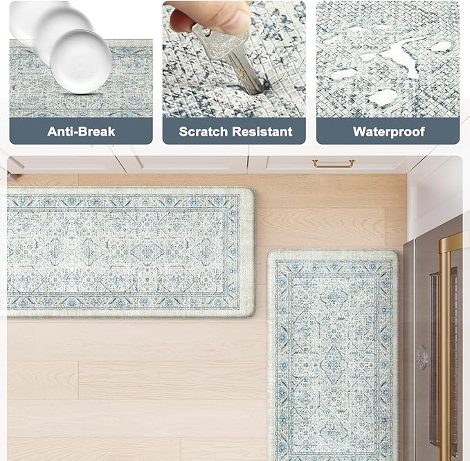 KIMODE Anti Fatigue Kitchen Mat, Boho Distressed Kitchen Rugs Sets of 2,Kitchen Mats for Floor Cushioned Non Slip, Comfort Kitchen Floor Mats for Sink, Laundry, Desk Blue 17"x59"+17"x29"
