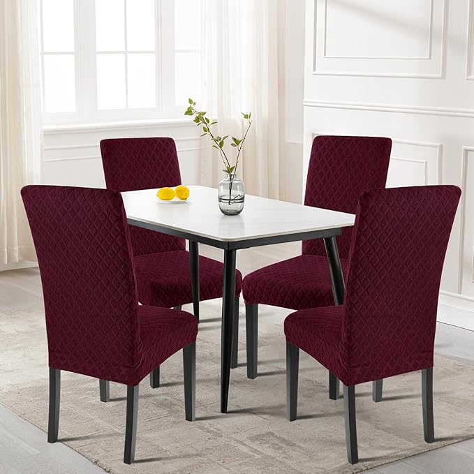 SearchI Dining Room Chair Covers Set of 4, Stretch Jacquard Parsons Chair Slipcovers Super Fit Removable Washable Kitchen Chair Protector Cover for Dining Room, Hotel, Ceremony (Wine Red)