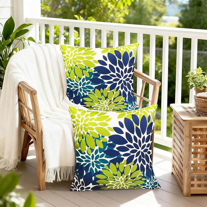 Decorative Throw Pillow Covers Set of 2 Blue Green pillow covers 22x22 Inch Couch Pillow Covers for Sofa Living Room Outdoor throw pillow cover Linen Square Floral Flower Farmhouse Pillowcase