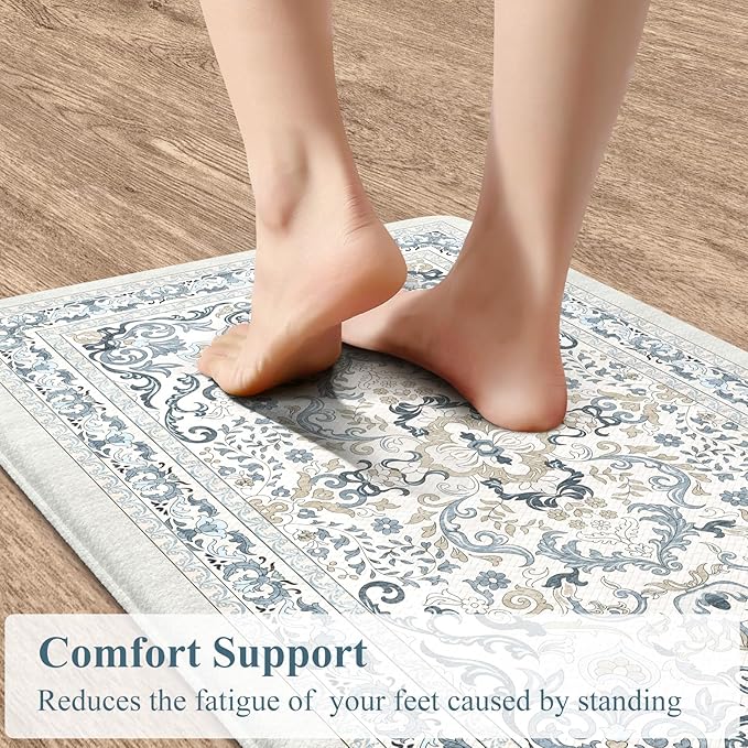 KIMODE Anti Fatigue Mats for Kitchen Floor,Boho Vintage Floral Rugs Sets of 2,Cushioned Carpet Non Slip for Laundry,Wide Memory Foam Runner for Sink Office,Light Blue 20"x47"+20"x32"