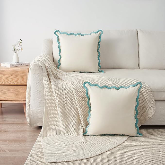 MONDAY MOOSE Decorative Throw Pillow Covers Cushion Cases, Set of 2 Soft Velvet Scalloped Wavy Edge Designs, Mix and Match for Home Decor, Pillow Inserts Not Included (18x18 inch, White/Light Blue)