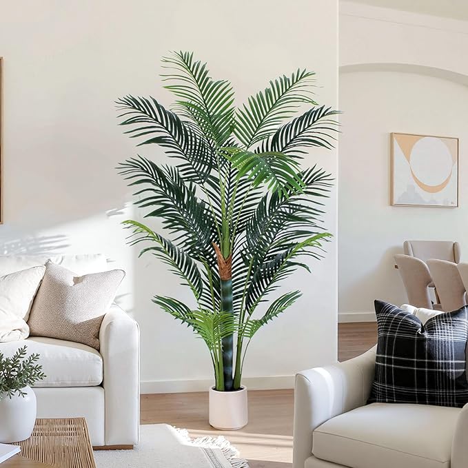 6 FT Fake Palm Tree-Tall Artificial Plants with White Planter, Faux Palm Trees Indoor Outdoor with 18 Lagre Leaves, Tropical Areca Palm Plant for Home Office Living Room