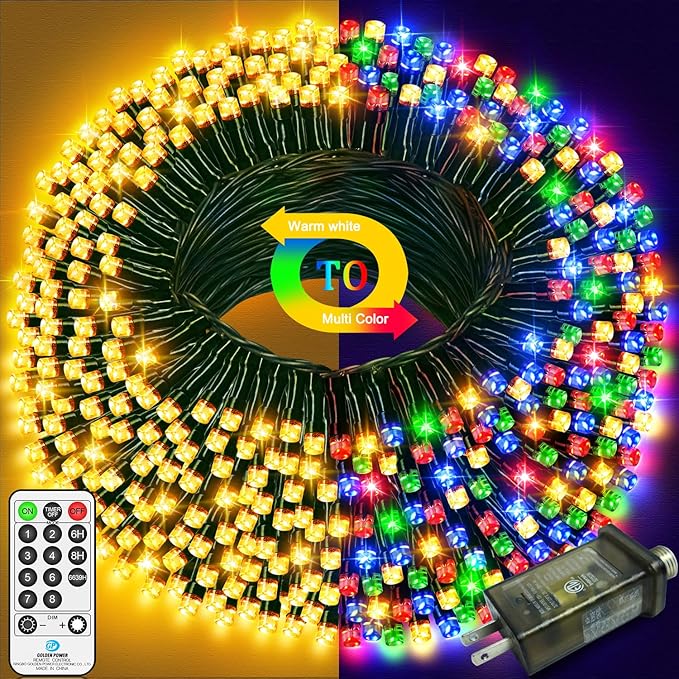 Christmas Lights Warm White to Multicolor, 328 FT 720 LED Outdoor Waterproof Christmas Tree Lights Remote Timer 11 Modes, Green Wire Plug Fairy Lights Indoor Twinkle String Lights Xmas Decorations