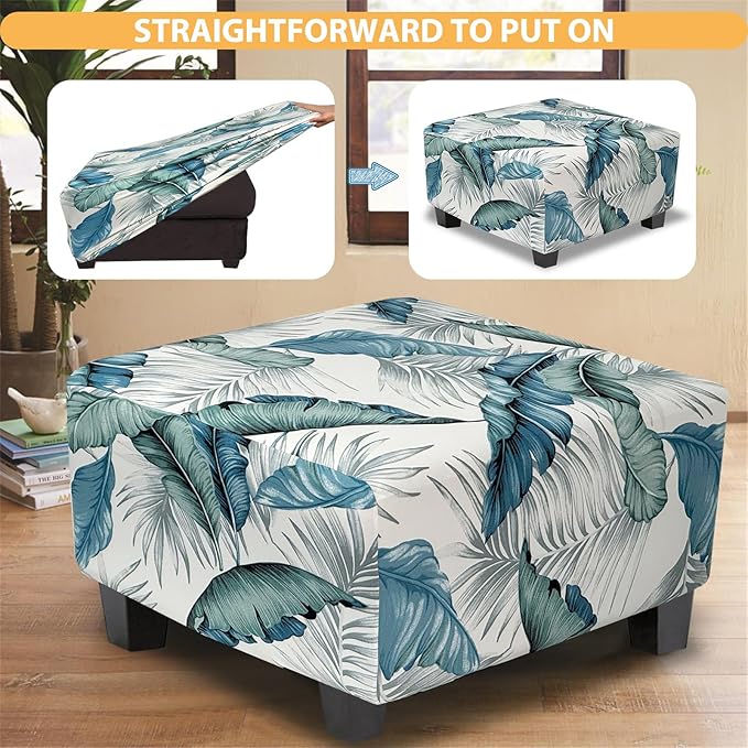 Ottoman Cover Square Slipcovers Printed,Stretch Footrest Stool Cover for Ottoman Square,Soft Foot Stool Cover Protector with Nonslip Elastic Bottom (Medium,Palm Leaf)