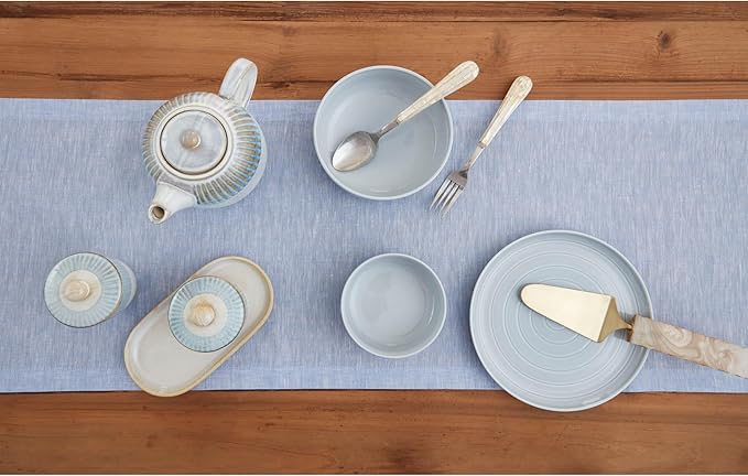 Solino Home Linen Table Runner 90 Inches Long - Athena, 100% Pure Linen Chambray Blue Table Runner 14 x 90 Inch for Dining, Winter, Spring, Easter