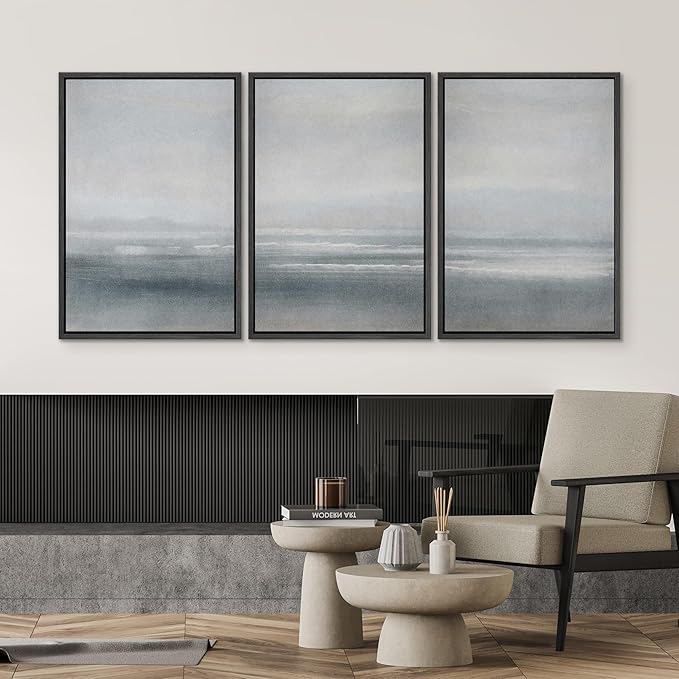 SIGNWIN Framed Canvas Print Wall Art Set Serenity Seascape Soft Blue Ocean Views Modern Art Decorative Rustic Calm/Zen for Living Room, Bedroom, Office - 16"x24"x3 Black