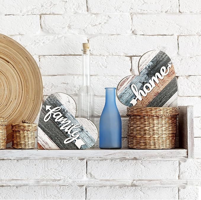 Jetec 2 Pcs Rustic Table Decorations for Living Room Home Decor Farmhouse Valentines Day Centerpiece Small Love Wooden Heart Decor for Dining Room Shelf Valentines Gift Decoration(Simple Style)
