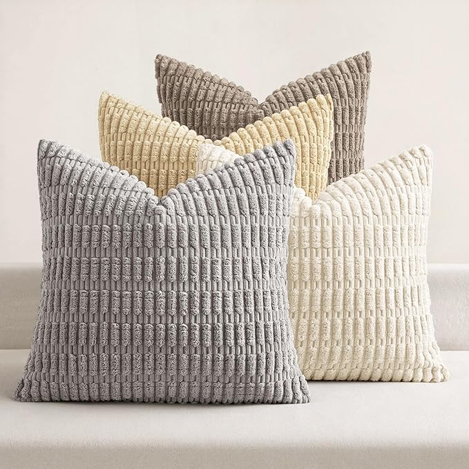 MIULEE Pack of 4 Neutral Decorative Throw Pillow Covers 12x12 Inch for Couch Sofa Living Room Bed Rustic Farmhouse Boho Corduroy Soft Striped Pillow Covers Home Decor