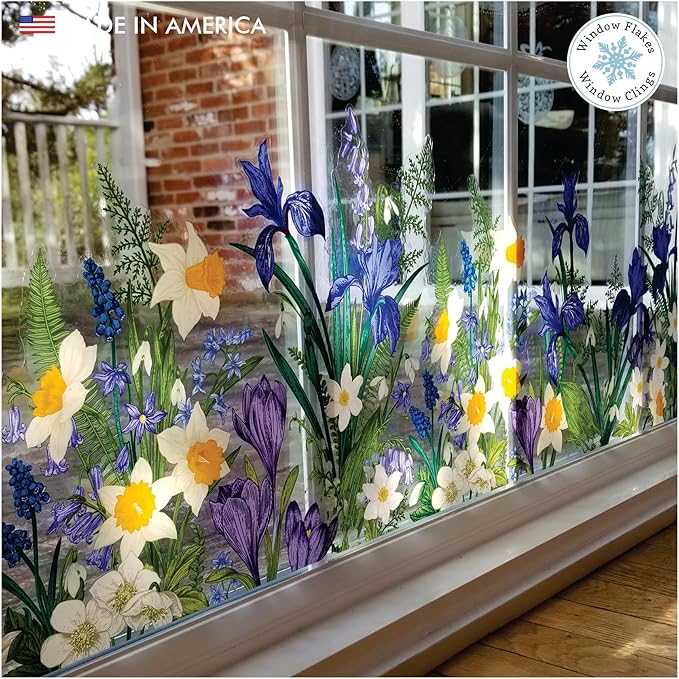 Botanical Springtime Flower Window Cling Decal. Crocuses, Ferns, Daffodils, Snowdrops. Home Decor Decoration for Glass. Spring Vinyl Sticker. Made in America.