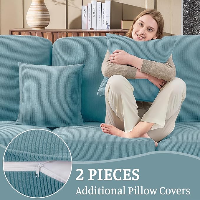 Sectional Couch Covers for Sofa Cushion L Shaped Couch Cover Washable Soft Couch Cushion Covers Stretch Sofa Slipcovers with 2 Pcs Pillowcases(3-Piece 2 Seater + 1 Chaise, Blue)