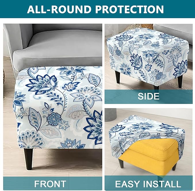 KRFOONN Stretch Ottoman Cover Slipcovers Rectangle Fit Length 39"-47" Footrest Stool Covers Printed Ottoman Cover for Foot Stool Furniture Protector with Non Slip Elastic Bottom, Color 25