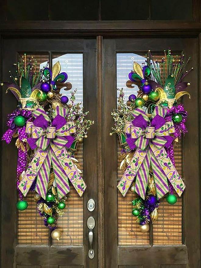 Mardi Gras Wreath Bows Mardi Gras Glitter Strips Flower De Luce Burlap Ribbon Decor Bows for Wreath, Mardi Gras Tree Topper Bow for Lundi Gras Party Fat Tuesday Home Indoor Outdoor Decoration Ornament