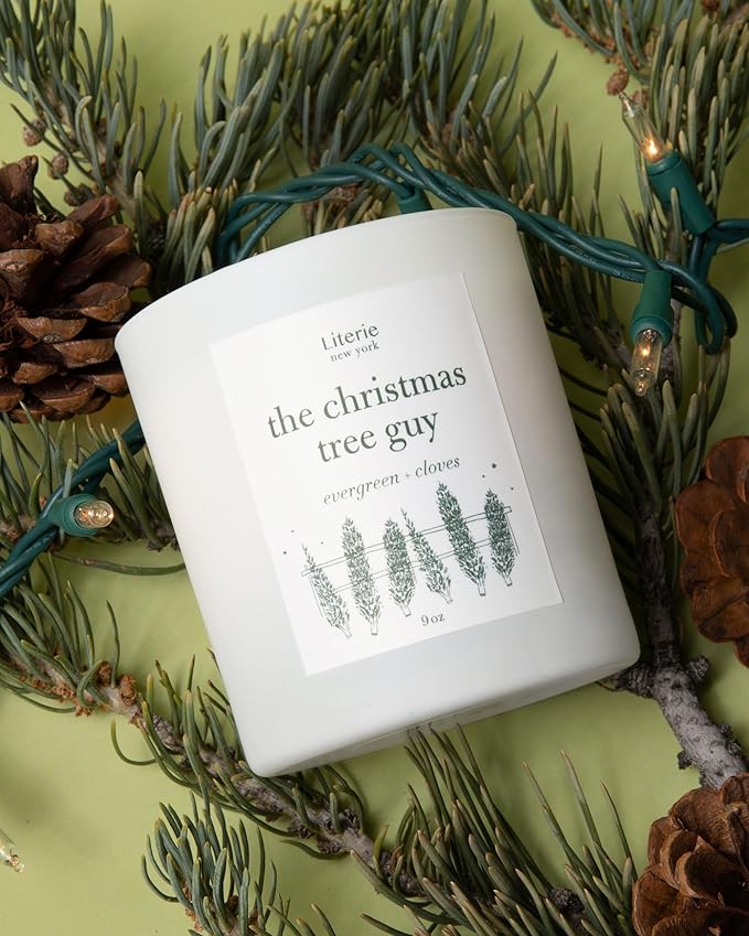Literie NYC Inspired Scented Candle: The Christmas Tree Guy - Evergreen & Cloves Scent, 9oz, 50 Hour Burn, Vegan Soy & Coconut Blend Candle for Home Decor, Gift for Women & Men
