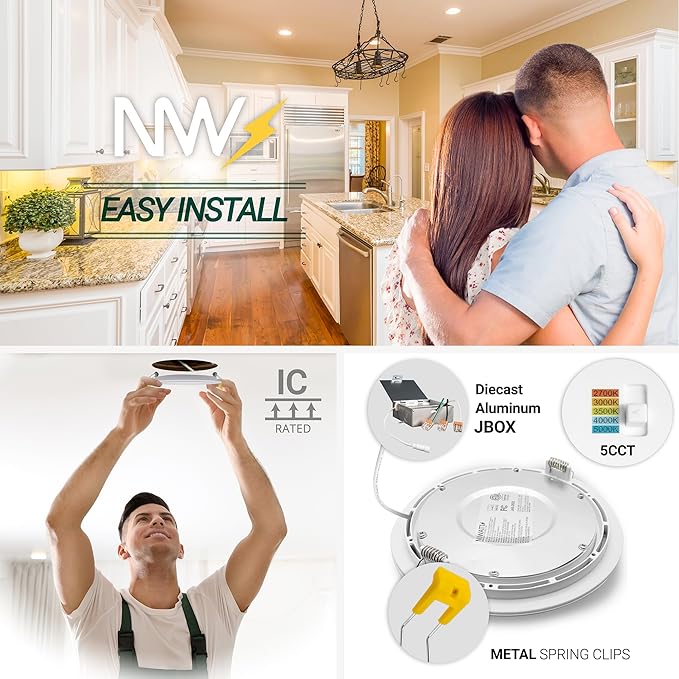 NUWATT 12 Pack 6 inch Gimbal LED Recessed Light Canless Wafer Lights, 5CCT 2700K/3000K/3500K/4000K/5000K, Dimmable 1050LM 12W, Adjustable LED Eyeball Light Angled Recessed Lighting, Metal Junction Box