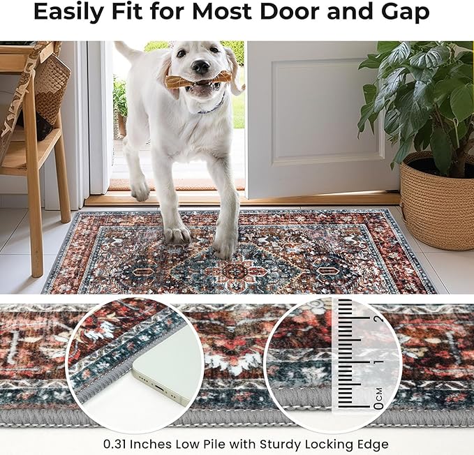 KOZYFLY Area Rug 3x16 Ft Washable Boho Runner Rug for Entryway Hallway Indoor Printed Faux Wool Carpet for Kitchen Bedroom Hall, Brick Red/Orange/Green
