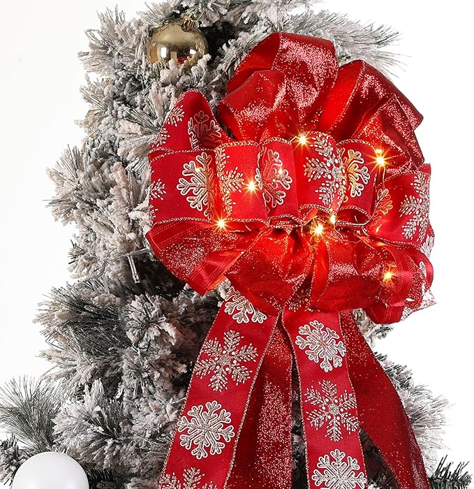 Zeyune Christmas Tree Topper 12 x 45 Inches Large Christmas Bows LED Lights Glitter Satin Mesh Streamer Snowflake Ribbon Decorative Bows for Xmas Tree Decorations Gifts(Red)
