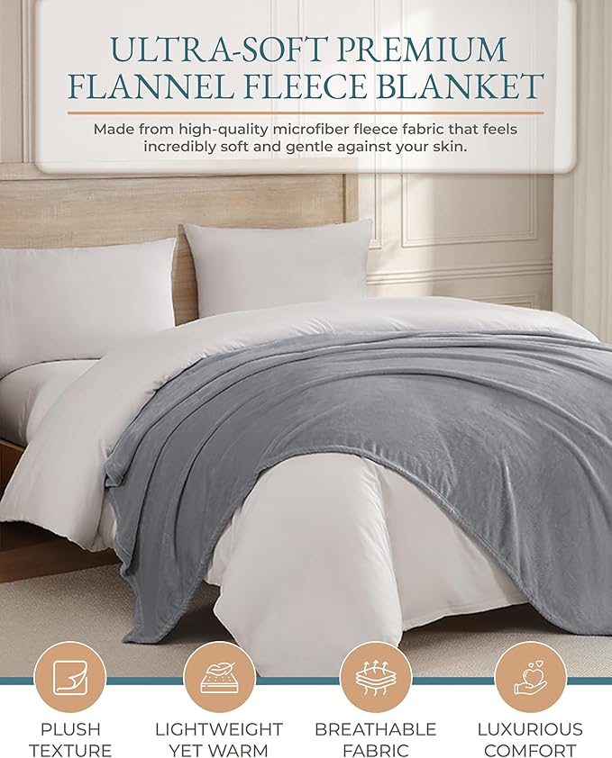 Casa Platino Fleece Blanket Queen Size – 90x90 Soft & Lightweight Flannel Throw for Bed, Sofa, or Guest Room – Warm All Season Blanket – Light Grey