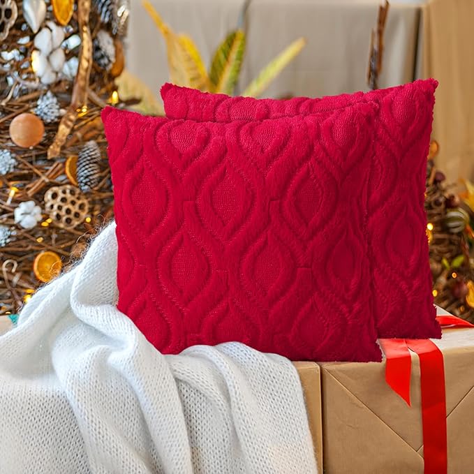 decorUhome Christmas Throw Pillow Covers 18x18 Inch Set of 2, Soft Plush Faux Wool Red Solid Couch Pillow Covers, Accent Farmhouse Neutral Square Pillow Cases for Sofa Bed Living Room