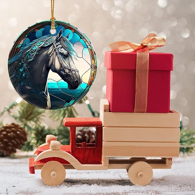 Touber Horse Ornament, Christmas Decoration, Holiday Present Idea, Heirloom Keepsake, Round Ceramic, Bauble Present, Horse