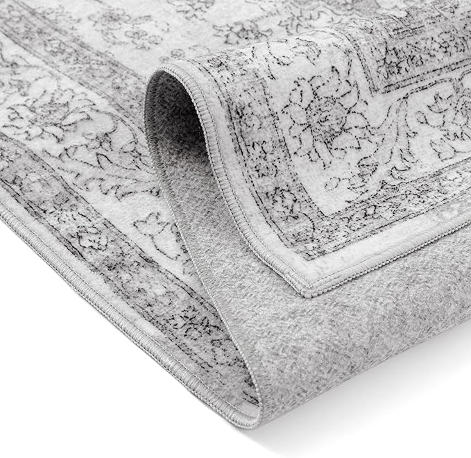 Gray Area Rug 3x4 Washable Vintage Carpet Entryway Office Soft Retro Kitchen Low Pile Thin Door Mat Non Slip Grey Oriental Medallion Throw Small Rug for Bathroom Bedroom Dining Living Room