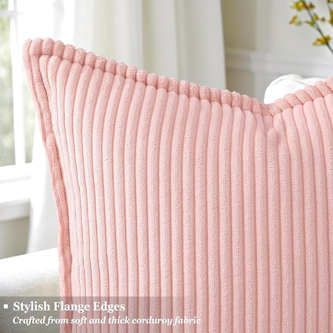 decorUhome Corduroy Pink Throw Pillow Covers 16x16 Set of 2 Decorative Soft Boho Farmhouse Euro Couch Pillow Covers for Living Room Bed Sofa Broadside Striped Pillow Cases