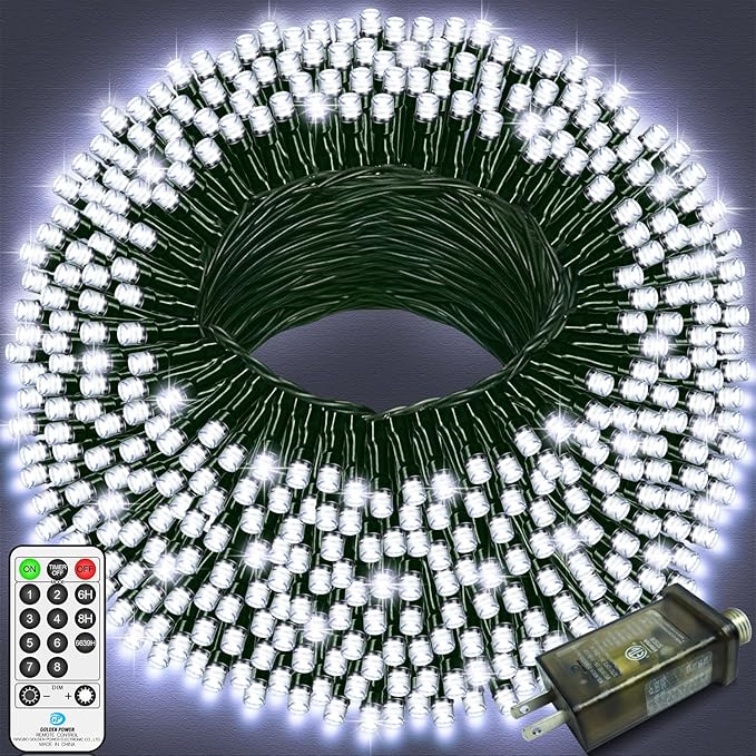 394 FT 1000 LED Christmas Lights Outdoor String Lights 8 Modes & Timer Twinkle Fairy Lights Plug in Waterproof LED String Lights for Xmas Yard Tree Patio Wedding Holiday Party Decorations (Cool White)