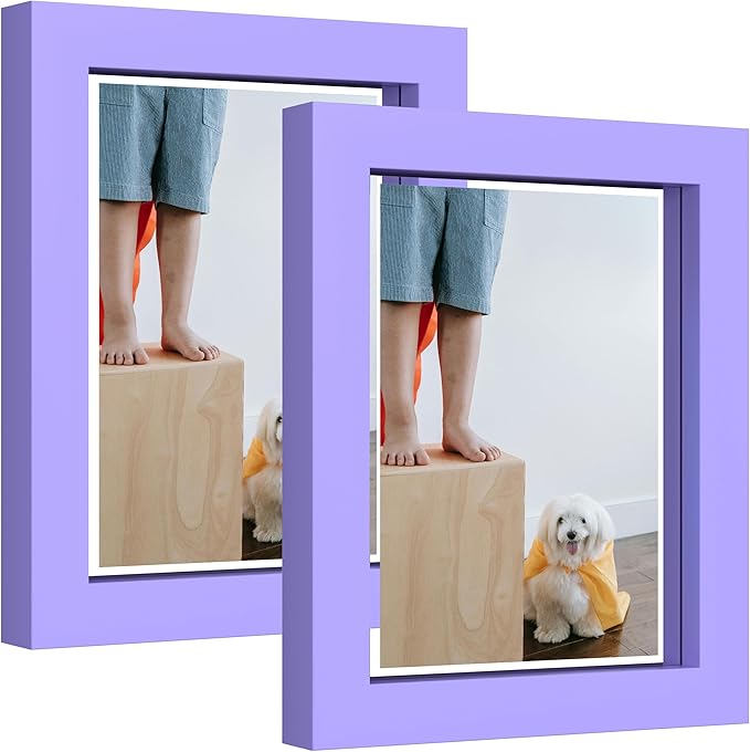eletecpro 5x7 Purple Floating Picture Frames Set of 2, Real Double Glass Picture Frames for Wall Mount, Vertical or Horizontal Display Multi-Size Photos and Artworks up to 5 x 7 Inches, Home Decor