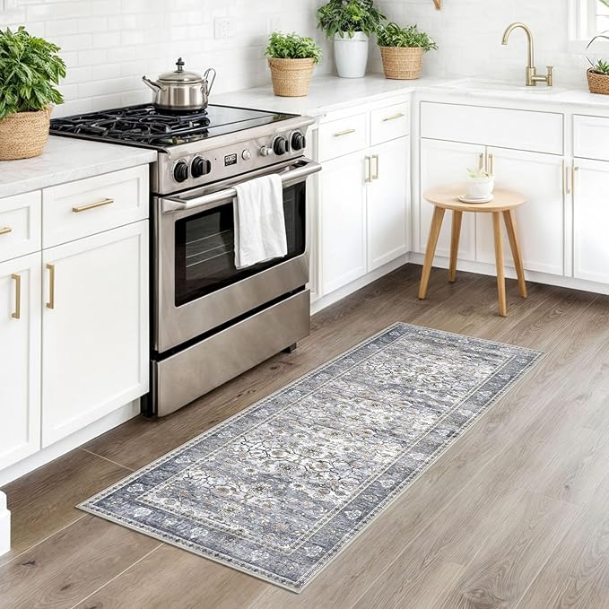 KUTA Vintage Floral Washable Hallway Runner, 2x5 Runners for Hallways Non-Slip Kitchen Rugs Grey Blue Ultra Thin Soft Printed Distressed Oriental Floor Carpet for Laundry Bedroom Living Room Nursery