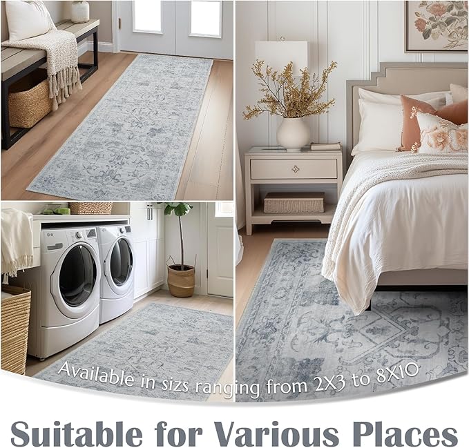 jinchan Hallway Runner Rug 2x8 Machine Washable - Vintage Floral Non-Slip Low-Pile Soft Ultra-Thin Faux Wool Kitchen Rug Distressed Carpet Runner for Farmhouse Bedroom Laundry Room (2x8ft, Grey)