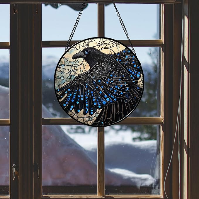 Stained Glass Window Hanging - Black Crow Big Wings Suncatcher for Doors Garden Patio Bird Sun Catchers Decor Christmas Mother's Day Birthday Gifts for Women Men Mom Nana Friend 6.3 in