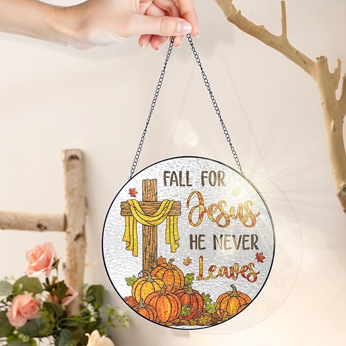 FLAGWIX Fall Decorations for Home - Stained Glass Window Hanging 8in - Christian Sun Catchers Indoor Window, Fall Gifts for Women Men, Thanksgiving Decorations Sun Catcher, Christian Gifts for Mom Dad