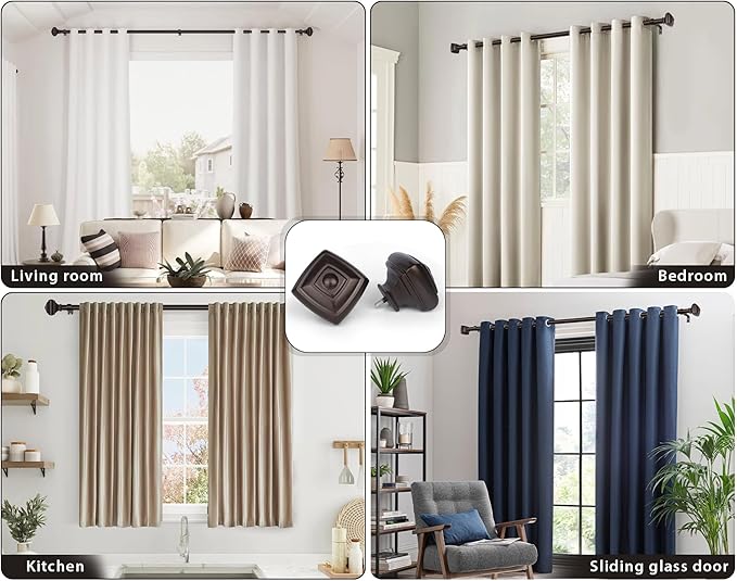 Decorative Bronze Curtain Rods for Windows 72 to 144 Inches(6-12ft), USFOOK 7/8 Inch Long Curtain Rod 32 to 144 Inches, Heavy Duty Single Drapery Rods, Square End