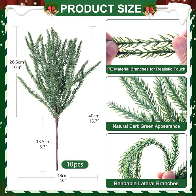 10 Pcs Christmas Norfolk Pine Stems Artificial Pine Branches, 16“ Real Touch Fake Christmas Greenery Stems, Faux Cedar Branches Picks for Vase DIY Crafts Garland Wreath Xmas Indoor Outdoor Home Decor